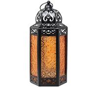 Black Metal Decorative Moroccan Lantern Candle Holder Lamp for Indoor or Outdoor Home Decor, Large, Amber