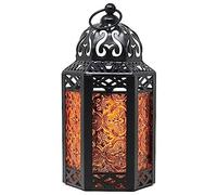 Black Metal Decorative Moroccan Lantern Candle Holder Lamp for Indoor or Outdoor Home Decor, Small, Amber