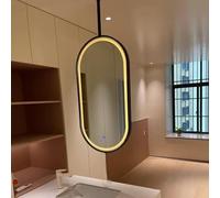 Black Metal Frame LED Mirror with Hanging Rod, Ceiling Mounted Oval Wall Mirror for Home or Hotel Bathroom Vanity Makeup Living Room Entrance(50cmx70cm)