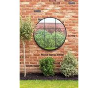 MirrorOutlet The Circulus - Solid Black Metal Framed Window Modern Round Circular Garden Wall Mirror 39" X 39" (100CM X 100CM) Silver Mirror Glass with Black All weather Backing.