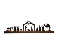 Black Metal Nativity Set with Wood Base, Pre-lit Nativity Scene Little People Nativity Set Christmas Decorations, DIY Ornament Props for Xmas Party Home Kitchen Table Scene Decor (A)