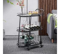 Black Metal Rolling Bar Cart with Tempered Glass - Versatile Serving Cart for Tea Dining Room Home Office Restaurant & Hotel Storage Solutions.