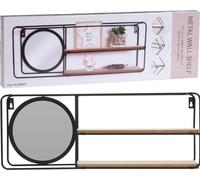 Black Metal Round Wall Hanging Mirror with 2 Shelves Rustic Industrial Bathroom