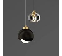 Black Mid Century Crystal Pendant Light - 2-Light Brushed Brass Fixture with LED, d Industrial Chaner for Bedroom, Kitchen Island, Dining Room, Living Room, Farmhouse