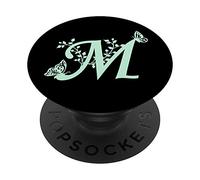 Black Mint Green Butterfly Letter M Initial Monogram PopSockets Swappable PopGrip
