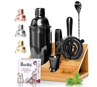 Black Mixology Bartender Kit Cocktail Shaker Set by Barillio: Drink Mixer Set with Bar Tools, Bamboo Stand Cocktail Mixer Liquor Pourers Mojito Muddler Mixing Spoon Jigger Recipes Booklet