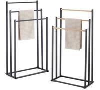 (Black) Modern 3 Tier Freestanding Towel Rack Metal Bamboo Bathroom Stand