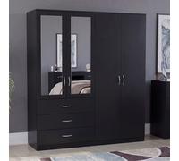 (Black) Modern 4 Door 3 Drawer Mirrored Wardrobe, Riano - Bedroom Storage Closet with Hanging Rail & Drawers