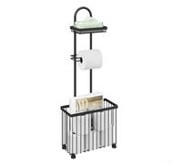 Black Modern Bathroom Tissue Holder with Storage Shelf - For Tablet Phone Watch, Carbon Steel Stand with Wire Basket - For Extra Rolls, Foldable Design