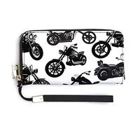 Black Motorcycle Silhouette Set from Different Perspectives on White Long Clutch Wallet, Long Handbag with Removable Wristlet Strap, PU Leather Zip Purse, Credit Pass Case Card-Holder for Men Women