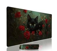 Black Mouse Mat Large Gaming Mouse Pad Cat Computer Keyboard Pads xxl 1400x600x3mm Waterproof Smooth Cloth Surface with Rubber Base Non-Slip Desk Matt with Stitched Edges for Laptop, Office w-3108