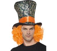 Black Multi Top Hat With Orange Hair Adults Hatter Fancy Dress Accessory