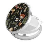 Black Mushroom Pill Case, Pill Box 3 Compartments Metal Small Pill Holder with Mirror Mini Travel Pill Container for Purse Pocket Women Men