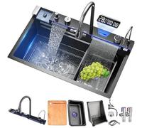 Black Nano Kitchen Sink 304 Stainless Steel Waterfall Sink Single Bowl Workstation Kitchen Sink with Multifunctional Digital Display Fly Rain Pull-Out Faucet (Color : Black, Size : 68x45x22CM)