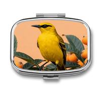 Black-naped Oriole on Loquat pilldispenser with Mirror 2 Compartments Waterproof PillCase for Purse Pocket Non-Slip Grip Travel Medicine Organizer Container Box for Vitamin Fish Oil Supplement