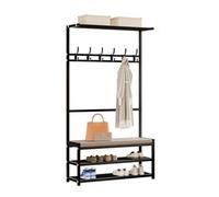 Black Narrow Hall Tree with Bench Multi-Purpose Entryway Coat Rack & Shoe Storage Steel Frame Perfect for Front Door Hallway & Bedroom (35.43"x10.04"x63")