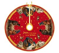 Black Nativity Christmas Tree Skirt, 48 Inch Round Decor | 48 inch round tree skirt with Black nativity artwork and faith-inspired Christmas design for holiday trees