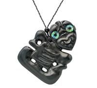 Black Nephrite Jade Extra Large HEI Tiki Pendant with Paua Shell Eyes - Maori Cord Necklace for Men - Natural Greenstone Jewellery - Heavy Hand-Carved Sculpture - Gemstone Talisman