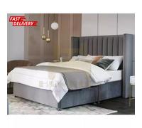 (Black (No Mattress), Fabric Swatch) Divan Bed with 54in Wing Panel Studded Headboard, Mattress, 2 Storage Drawers Option