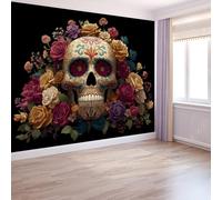 Black Non-Woven Wallpaper - Wall Mural Day of The Dead Rose Skull 250 x 175 cm Photo Wallpaper, Modern Poster Design Art Mural for Living Room Kids' Bedroom