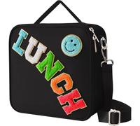 Black Nylon Insulated Lunch Bag with Adjustable Strap - Large Reusable Tote with Smiley Preppy Design for Girls' School, Travel & Picnics