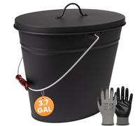 BLACK OAK Ash Bucket Vesuvio 3.7 GAL -black oval with lid & gloves -large 15L -fireproof galvanized steel & powder-coated ash & coal bucket -accessory for fireplaces, tiled stoves, wood-burning stoves