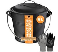 BLACK OAK PITON 5 Litre Ash Bucket, Black, with Lid, Wooden Handle and Gloves, Galvanised and Powder Coated Steel, Fire Resistant, Bucket for Ash, Coal, Pellets, Accessories