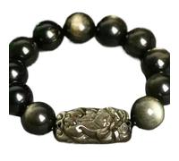 Black Obsidian, Beaded Bracelets for Men Women-Double Piyao Natural Gold Obsidian Adjustable Protection Jewelry Gifts,10mm