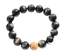 Black Obsidian Bracelet, Golden Gold Foil Bead Gilded Spacer Beads Beaded Elastic Bracelet Spiritual Amulet for Lover Couple Money Wealth,12mm