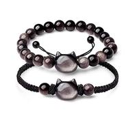 Black Obsidian Bracelet Set, Obsidian Bracelet with Adjustable Cord and Beaded Style, Obsidian Bracelet Men Gift for Women with Moon Charm, One Size, Acetate, no gemstone
