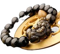 Black Obsidian Bracelet, Tilted Head Double Pi Xiu/Pi Yao Natural Golden Obsidian Yellow Tiger Eye Bracelet Gemstone Beaded Adjustable,Single pixiu,16mm