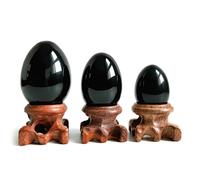Black Obsidian Gemstone Egg Sphere with Wooden Stand for Healing Meditation Chakra Balancing and Home Decoration (Set of 3)