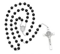 Black Obsidian Gemstone Rosary Beads Necklace 8mm, Catholic Prayer Beads with Silver Tone Crucifix, Natural Stone Rosary Traditionally Associated with Grounding and Protection, Velvet Pouch