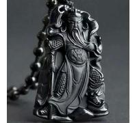 Black Obsidian Guan Gong Necklace Hold Broadsword God of Wealth Pendant Chain