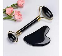 Black Obsidian Jade Facial Roller & Gua Sha Set 100% Natural Source from Highest Altitude of Himalayan Two-Sided Face Neck Massager Stone Beauty Tool
