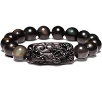 ,Black Obsidian,Natural Gold Obsidian Spiritual Chakra Amulet Lucky Adjustable Ward Off Evil Men Women, D,12mm