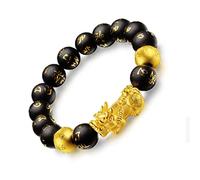 Black Obsidian, Obsidian Gold Pi Yao Wealth Authentic Amulet Lucky Wealth Ward Off Evil Spirits Talisman for Prosperity Money Good Luck,10mm