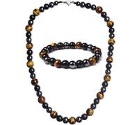 Black Obsidian Tiger Eye Hematite Beads Necklace,Long Natural Beaded Tiger Eye Obsidian Men's Necklace,Lymphatic Drainage Slimming Necklaces and Bracelets for Men and Women (necklace+bracelet)