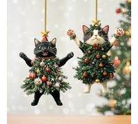 Black of Friday Cat Christmas Ornament, Xmas Tree Decorations 2D Acrylic Hanging Ornaments, Cute Black White Cats Hanging Ornaments, Wearing Christmas Trees Dress Cat Ornament (Mix*6pcs)