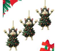 Black of Friday Cat Christmas Ornament, Xmas Tree Decorations Acrylic Hanging Ornaments, Cute Black White Cats Hanging Ornaments, Wearing Christmas Trees Dress Cat Ornament (White*3PCS)