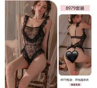 (black, One Size) Sexy lace seduction onesie women's pure desire to open the crotch sex perspective uniform suit pajamas