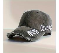 (Black, One-size) Vintage Washed Denim Baseball Cap for Women - Retro Embroidered "NEVER GIVE UP" Design, Lightweight & Breathable, Adjustable Fit, Frayed