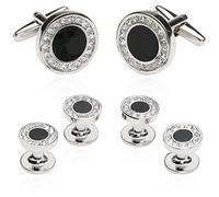 Black Onyx and Crystal Silver Cufflinks and Studs Formal Set with Travel Presentation Gift Box - 5/8" cufflinks, 3/8" studs - Men's Wedding Party Groom Groomsmen Tuxedo Shirts Accessories