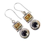 Black Onyx & Citrine Earrings 6mm Round & 6x4mm Oval Cabochons 925 Sterling Silver Dangle Earrings Contrasting Gemstone Jewellery Gift