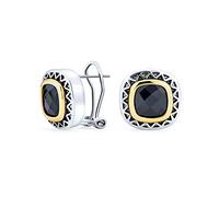 Black Onyx Cubic Zirconia Two Tone Square Cushion Omega Earrings For Women Silver Gold Plated Brass