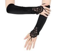 Black Opera Long Lace Gloves - Satin Wedding Bridal, Lace Embellished Fingerless Elbow Length Gloves, Perfect for Wedding, Bridal, 1920s Great Gatsby Party, Evening Formal Events & Dancing