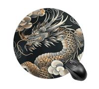 Black Oriental Dragon Round Mouse Pad, Non-Slip Rubber Base Waterproof Washable, Computer Mouse Mat for Office Gaming Studying, Premium-Textured Durable Portable Circle Mousepad for Desktop PC Noteboo