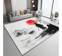 Black Oriental Minimalist Rugs Living Room 60 x 90 cm | Washable Non-Slip Short Pile Rug, Samurai Sunset Bamboo Boat Carpet for Bedroom, Dining, Lounge, Home Office