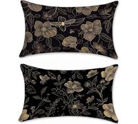 Black Outdoor Cushions Covers 50x90cm Garden Cushions Waterproof Flower Sofa Cushion for Outdoor Furniture Velvet Cushion Cover Set of 2 Decorative Pillows, Oblong Scatter Throw Pillow Covers u-16453