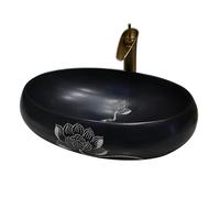 Black Oval Countertop Basin Sink for Bathroom, Retro Ceramic Wash Basin with Faucet and Drain, Large Capacity Vessel Sink for Toilet and Vanity